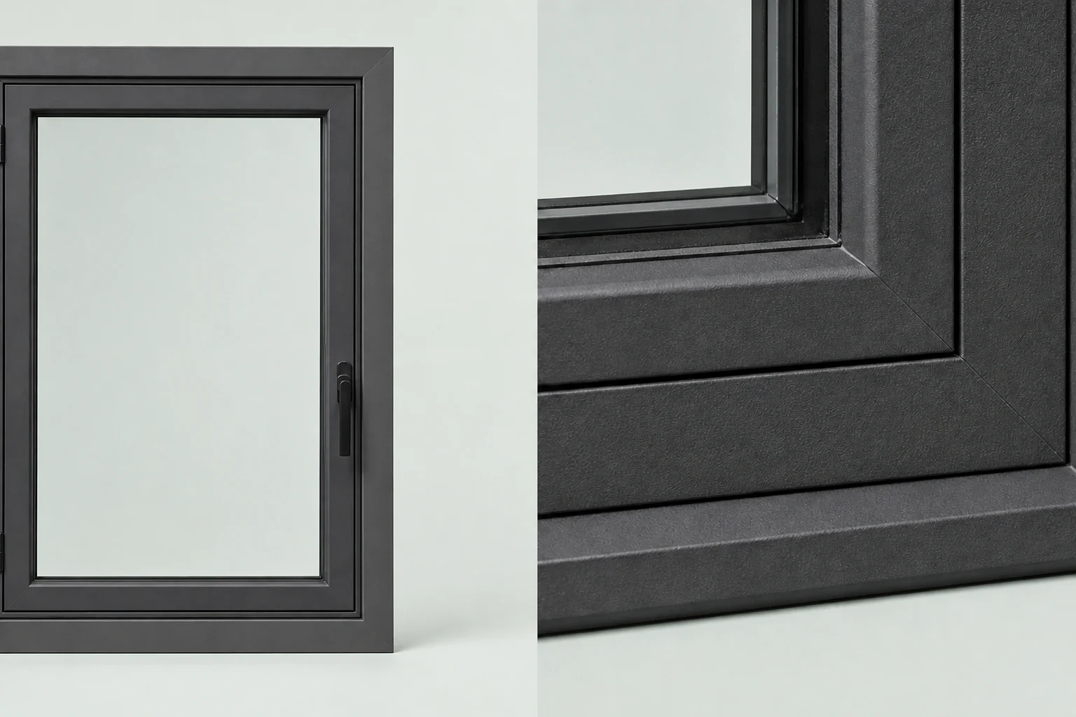 Dark fiberglass window beside a close detail of the factory-finished frame and corner joint